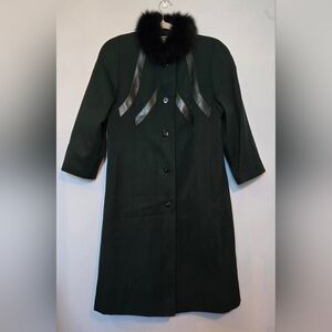 Modes Me-Jay Leather & Fur-Trimmed Green Full Length Wool Coat size 9-10
